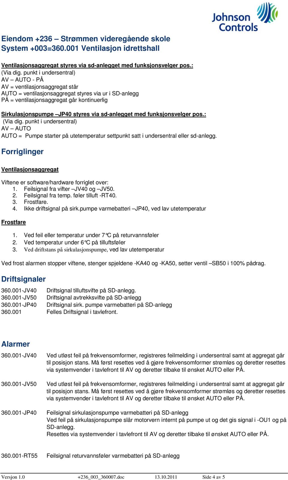 sd-anlegget med funksjonsvelger pos.: (Via dig. punkt i undersentral) AV AUTO AUTO = Pumpe starter på utetemperatur settpunkt satt i undersentral eller sd-anlegg.