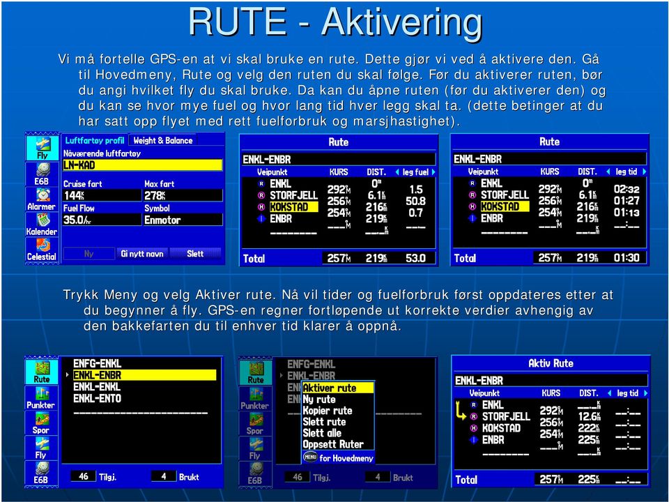 Da kan du åpne ruten (før r du aktiverer den) og du kan se hvor mye fuel og hvor lang tid hver legg skal ta.