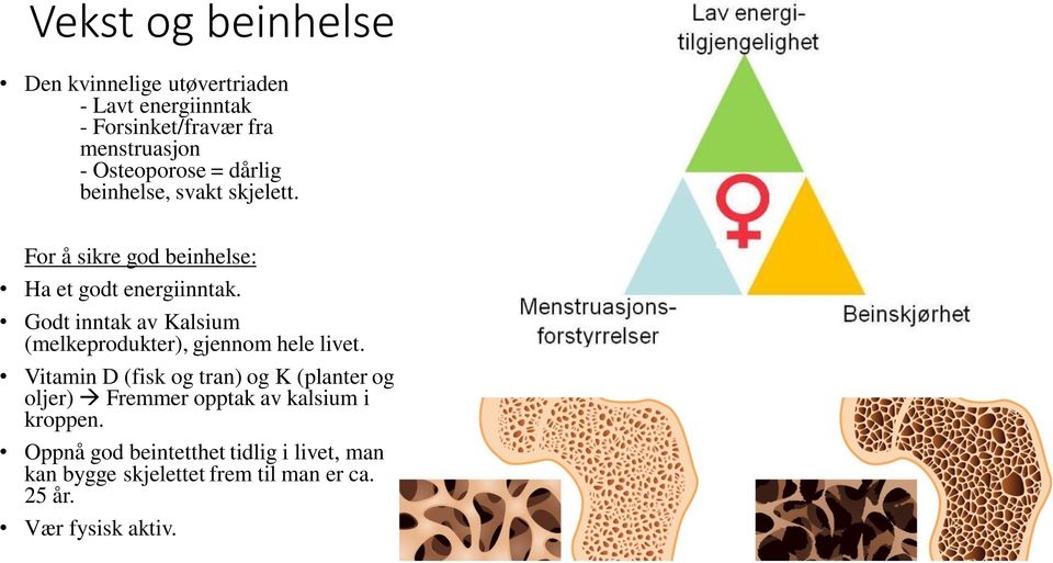 Godt inntak av Kalsium (melkeprodukter), gjennom hele livet.