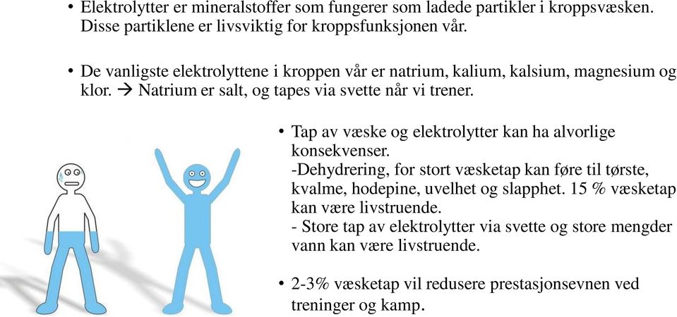 Tap av væske og elektrolytter kan ha alvorlige konsekvenser. -Dehydrering, for stort væsketap kan føre til tørste, kvalme, hodepine, uvelhet og slapphet.