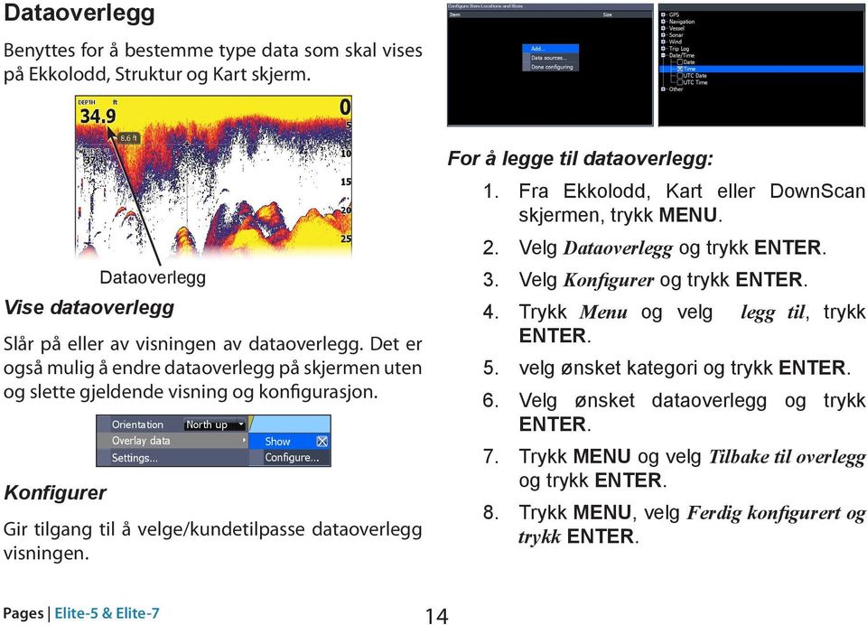 For å legge til dataoverlegg: 1. Fra Ekkolodd, Kart eller DownScan skjermen, trykk MENU. 2. Velg Dataoverlegg og trykk ENTER. 3. Velg Konfigurer og trykk ENTER. 4.