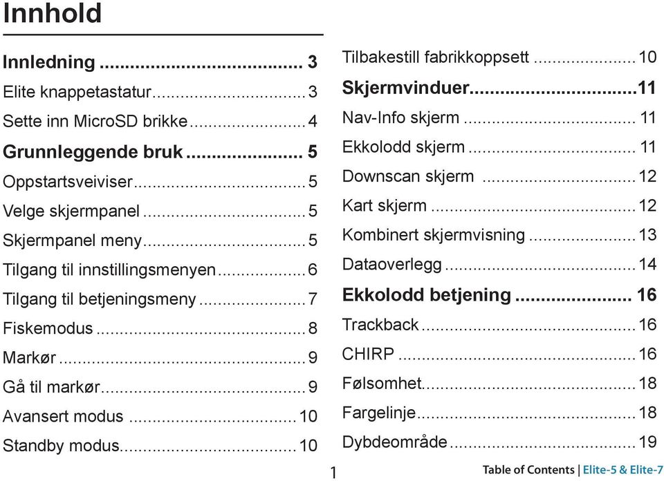 ..10 Standby modus...10 Tilbakestill fabrikkoppsett...10 Skjermvinduer...11 Nav-Info skjerm... 11 Ekkolodd skjerm... 11 Downscan skjerm...12 Kart skjerm.