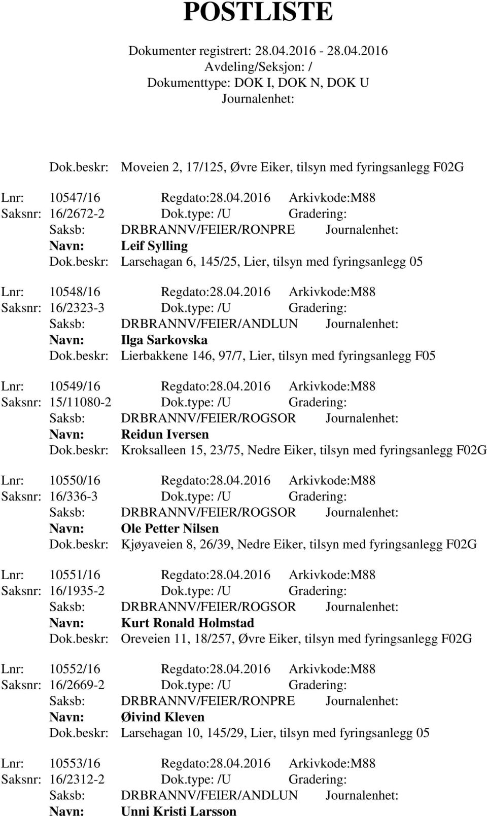 2016 Arkivkode:M88 Saksnr: 16/2323-3 Dok.type: /U Gradering: Saksb: DRBRANNV/FEIER/ANDLUN Navn: Ilga Sarkovska Dok.