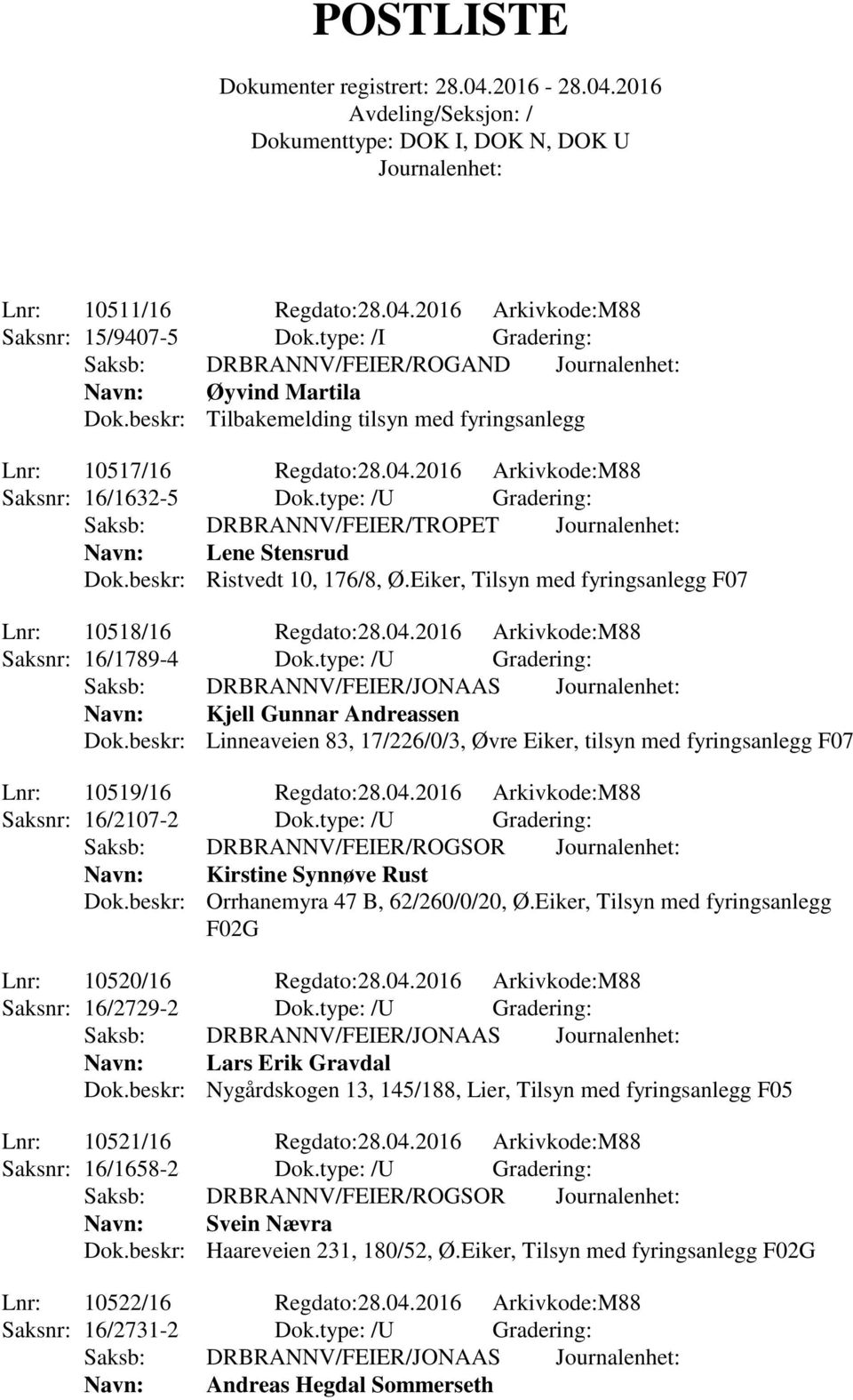 2016 Arkivkode:M88 Saksnr: 16/1789-4 Dok.type: /U Gradering: Saksb: DRBRANNV/FEIER/JONAAS Navn: Kjell Gunnar Andreassen Dok.