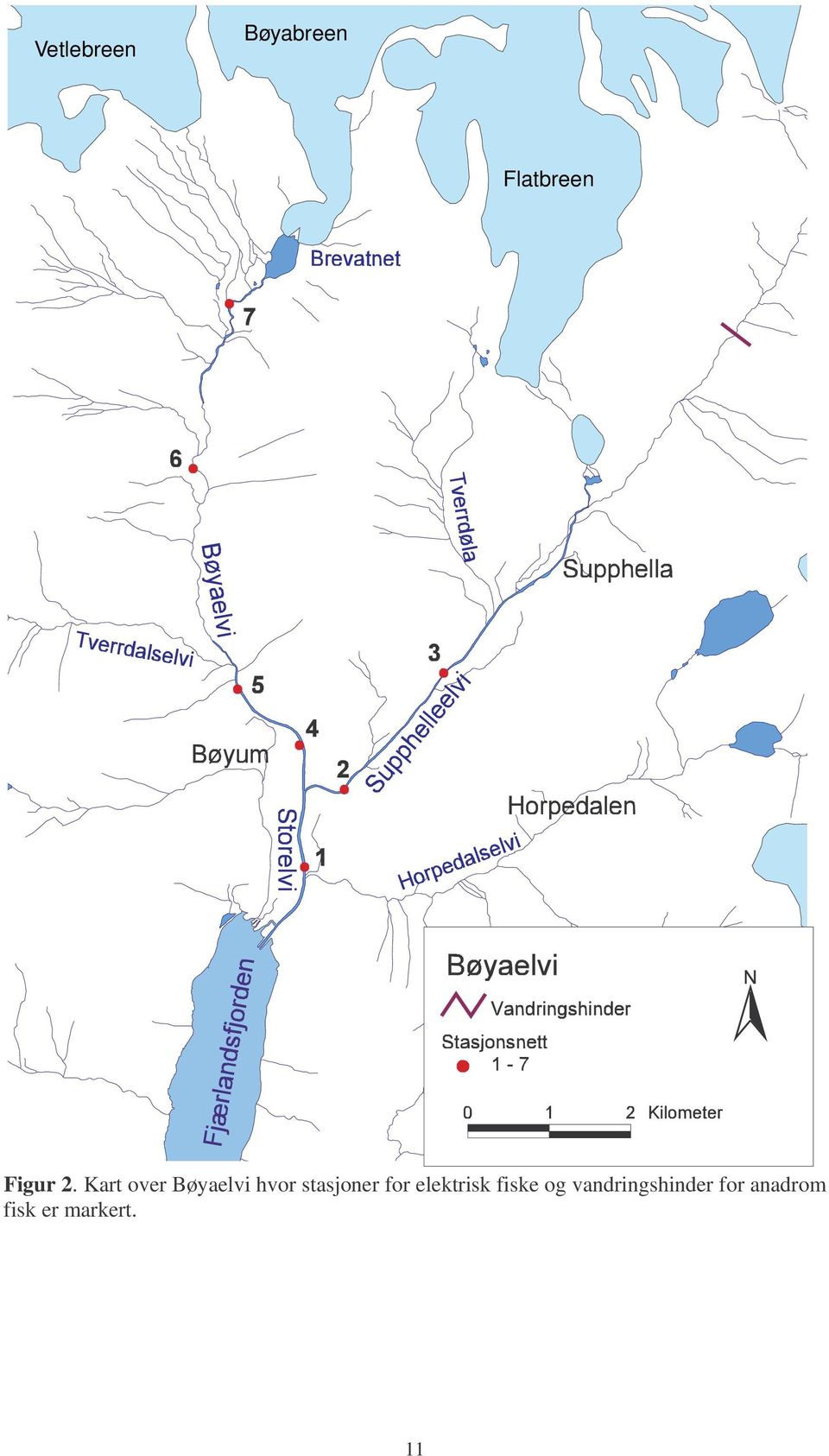 Kart over Bøyaelvi hvor stasjoner