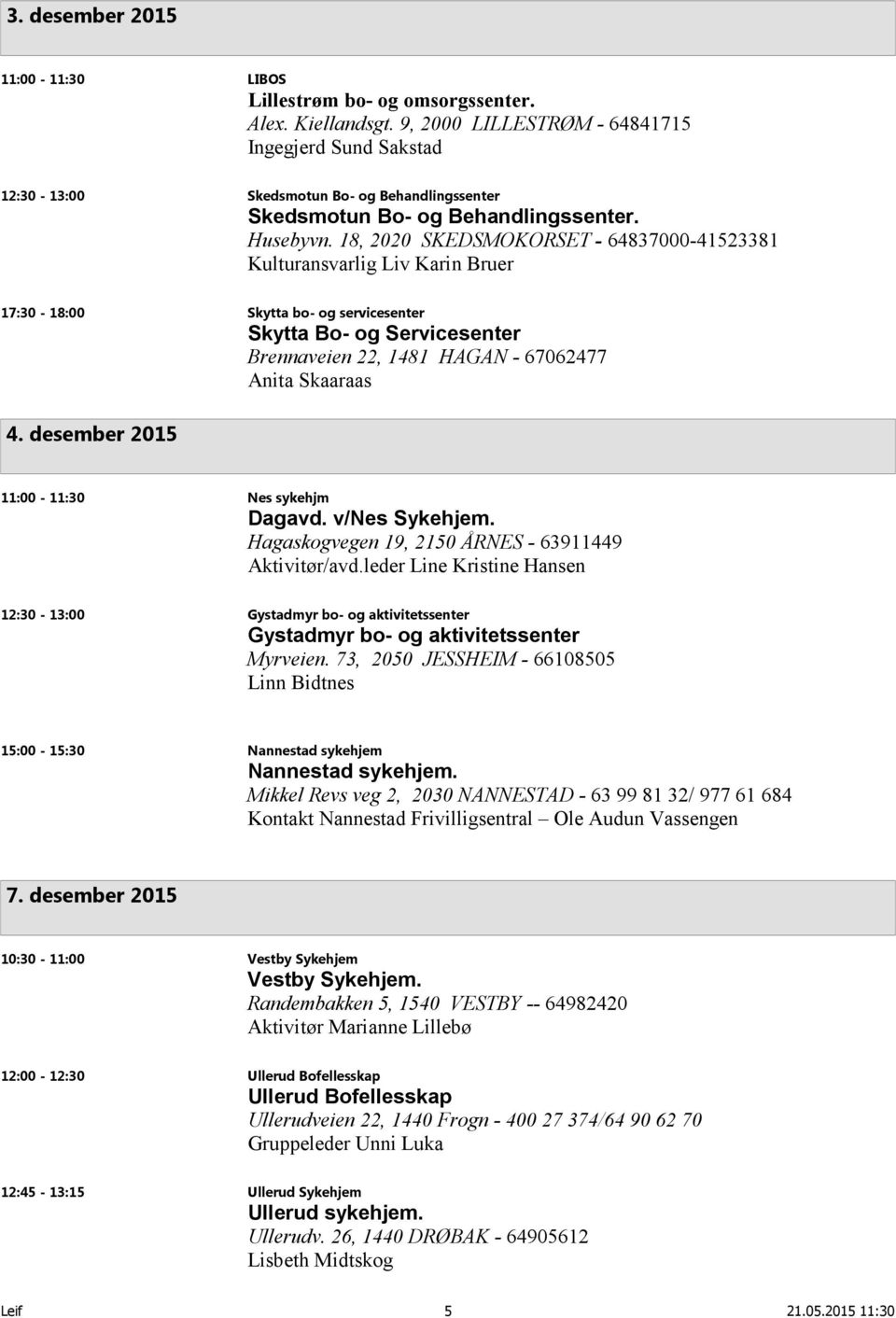 18, 2020 SKEDSMOKORSET - 64837000-41523381 Kulturansvarlig Liv Karin Bruer 17:30-18:00 Skytta bo- og servicesenter Skytta Bo- og Servicesenter Brennaveien 22, 1481 HAGAN - 67062477 Anita Skaaraas 4.