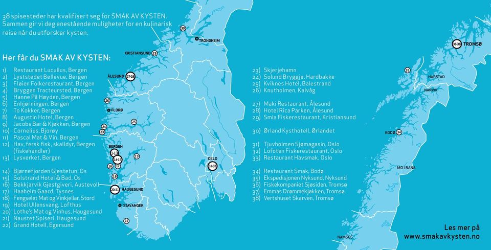 Hanne På Høyden, Bergen 6) Enhjørningen, Bergen 7) To Kokker, Bergen 8) Augustin Hotel, Bergen 9) Jacobs Bar & Kjøkken, Bergen 10) Cornelius, Bjorøy 11) Pascal Mat & Vin, Bergen 12) Hav, fersk fisk,