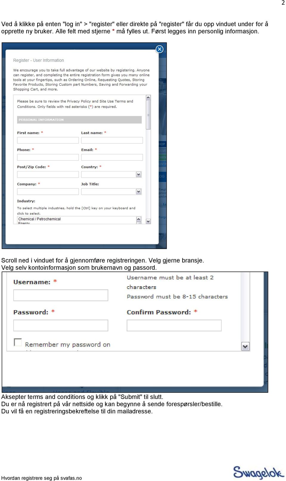 Velg gjerne bransje. Velg selv kontoinformasjon som brukernavn og passord. Aksepter terms and conditions og klikk på "Submit" til slutt.