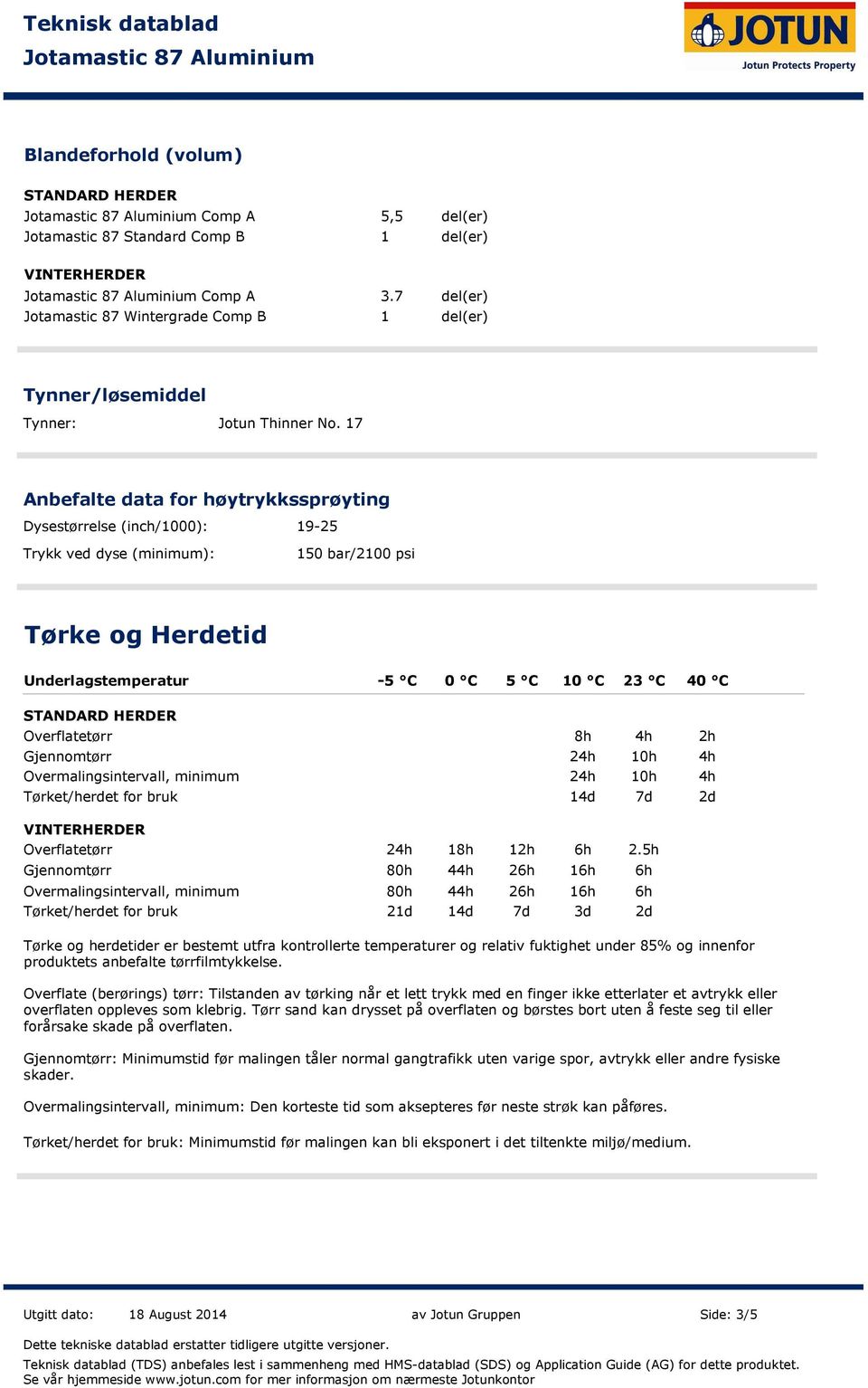 Gjennomtørr Tørket/herdet for bruk 8h 4h 2h 24h 10h 4h Overmalingsintervall, minimum 24h 10h 4h Overflatetørr Gjennomtørr 14d 7d 2d 24h 18h 12h 6h 2.