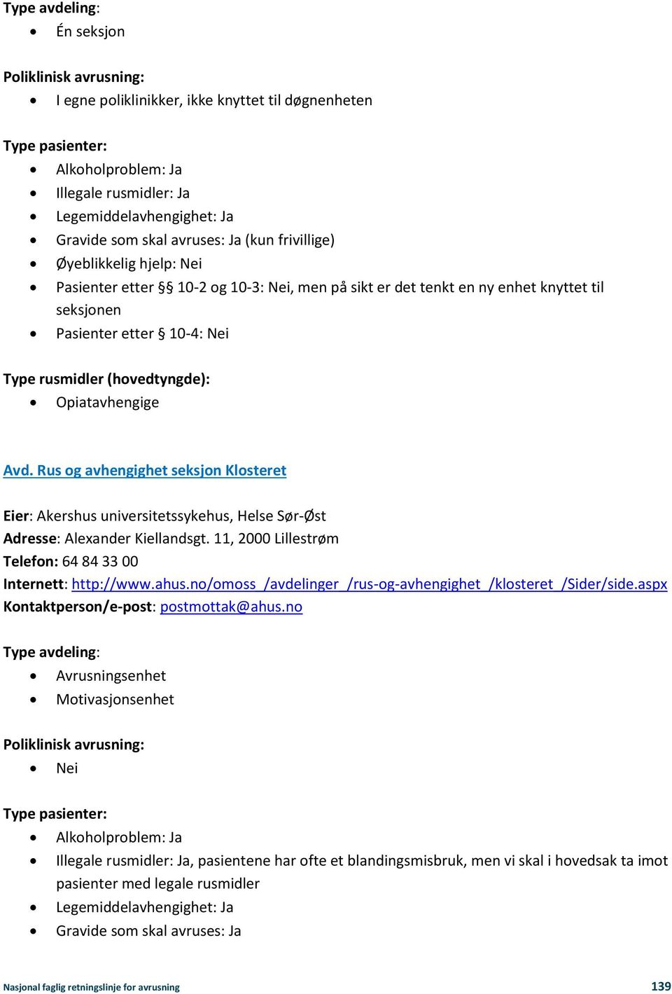 Rus og avhengighet seksjon Klosteret Eier: Akershus universitetssykehus, Helse Sør-Øst Adresse: Alexander Kiellandsgt. 11, 2000 Lillestrøm Telefon: 64 84 33 00 Internett: http://www.ahus.