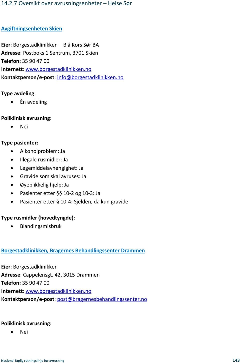 no Én avdeling Alkoholproblem: Ja Illegale rusmidler: Ja Legemiddelavhengighet: Ja Gravide som skal avruses: Ja Øyeblikkelig hjelp: Ja Pasienter etter 10-2 og 10-3: Ja Pasienter etter 10-4: