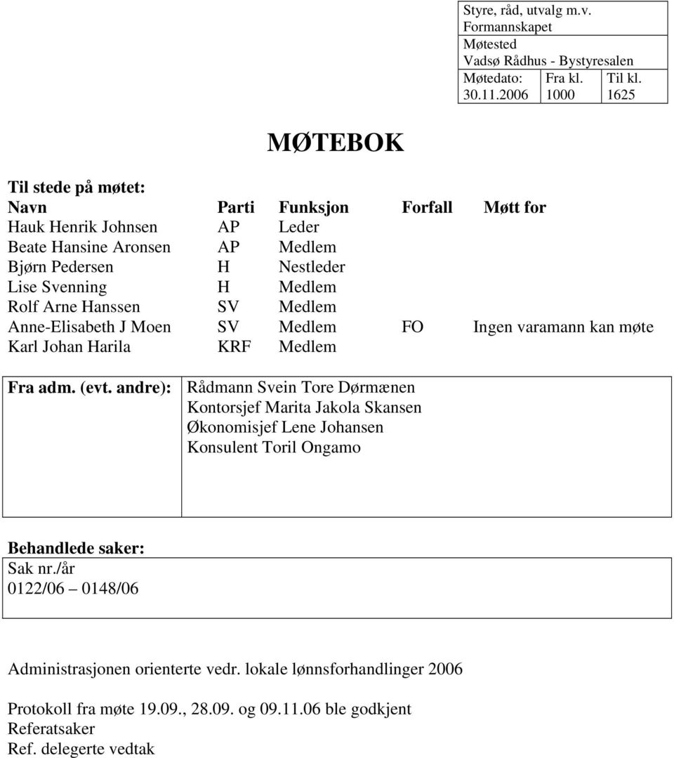 Arne Hanssen SV Medlem Anne-Elisabeth J Moen SV Medlem FO Ingen varamann kan møte Karl Johan Harila KRF Medlem Fra adm. (evt.