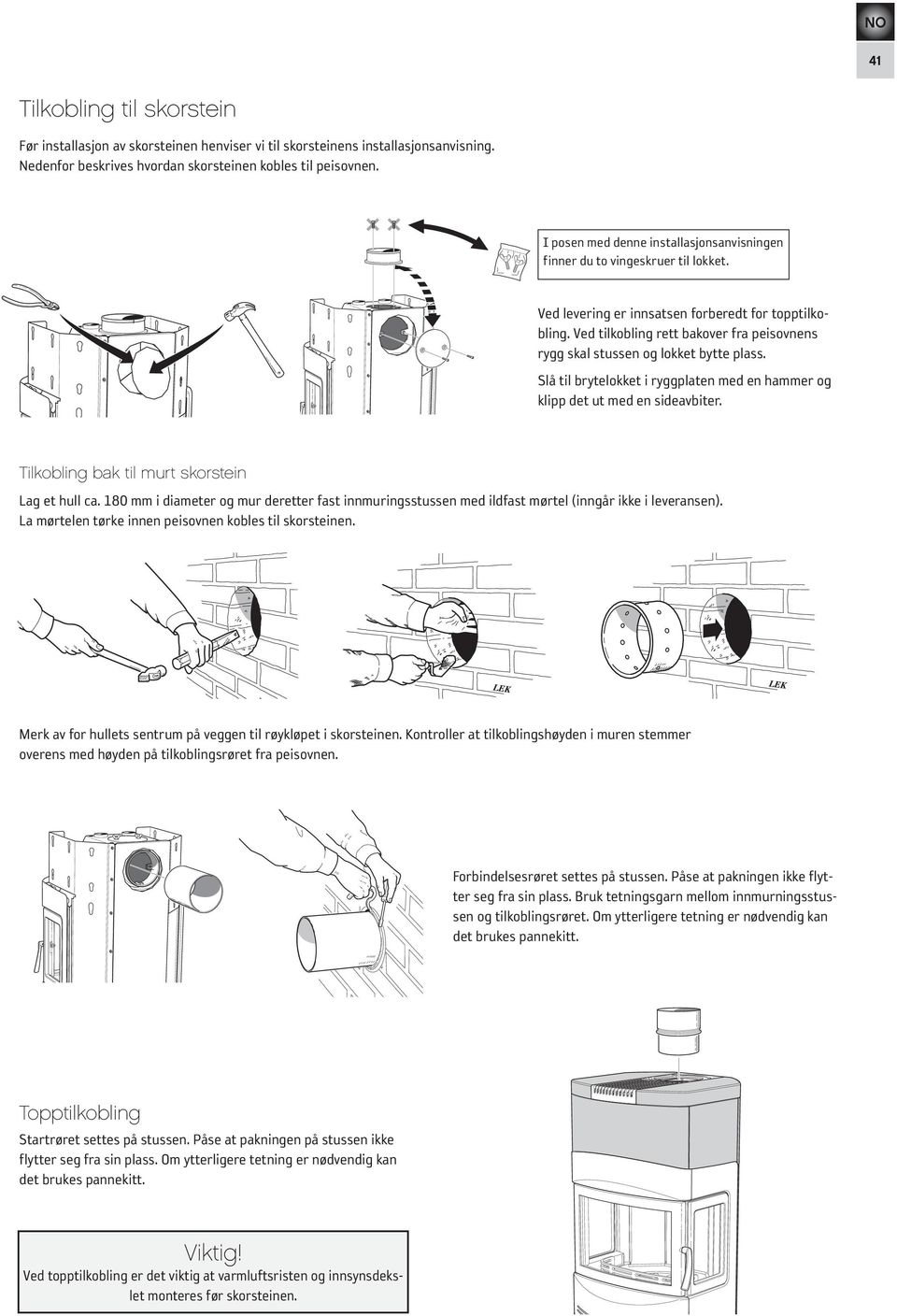 Ved tilkobling rett bakover fra peis ovnens rygg skal stussen og lokket bytte plass. Slå til brytelokket i ryggplaten med en hammer og klipp det ut med en side avbiter.