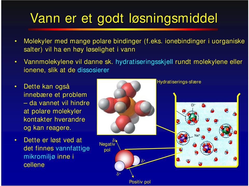 hydratiseringsskjell rundt molekylene eller ionene, slik at de dissosierer Dette kan også innebære et problem da vannet