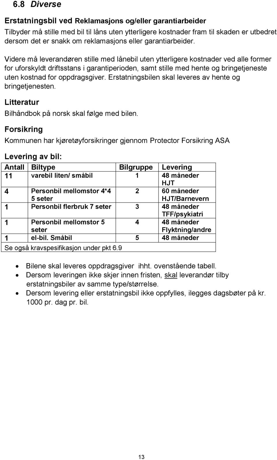 Videre må leverandøren stille med lånebil uten ytterligere kostnader ved alle former for uforskyldt driftsstans i garantiperioden, samt stille med hente og bringetjeneste uten kostnad for