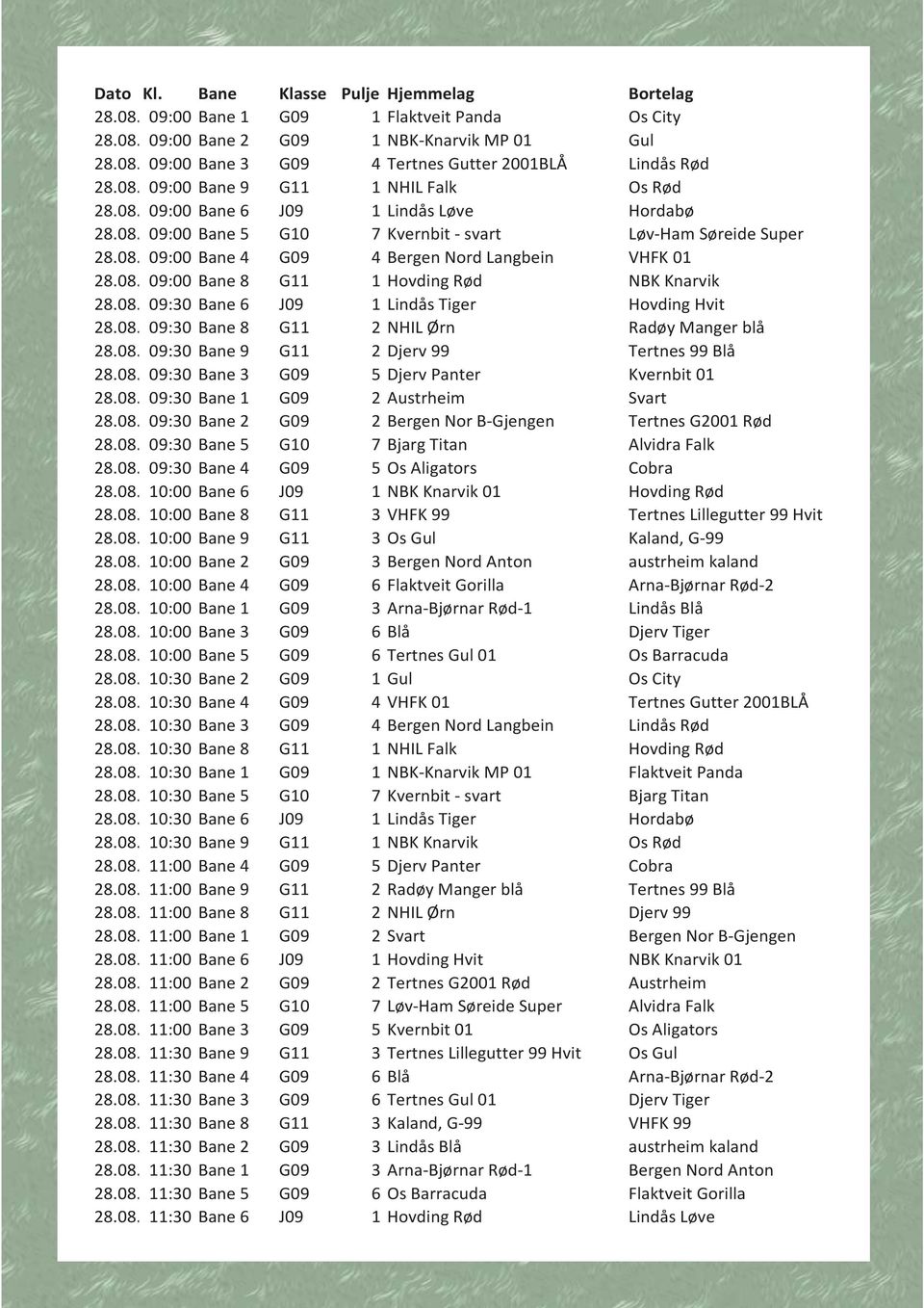 08. 09:00 Bane 8 G11 1 Hovding Rød NBK Knarvik 28.08. 09:30 Bane 6 J09 1 Lindås Tiger Hovding Hvit 28.08. 09:30 Bane 8 G11 2 NHIL Ørn Radøy Manger blå 28.08. 09:30 Bane 9 G11 2 Djerv 99 Tertnes 99 Blå 28.