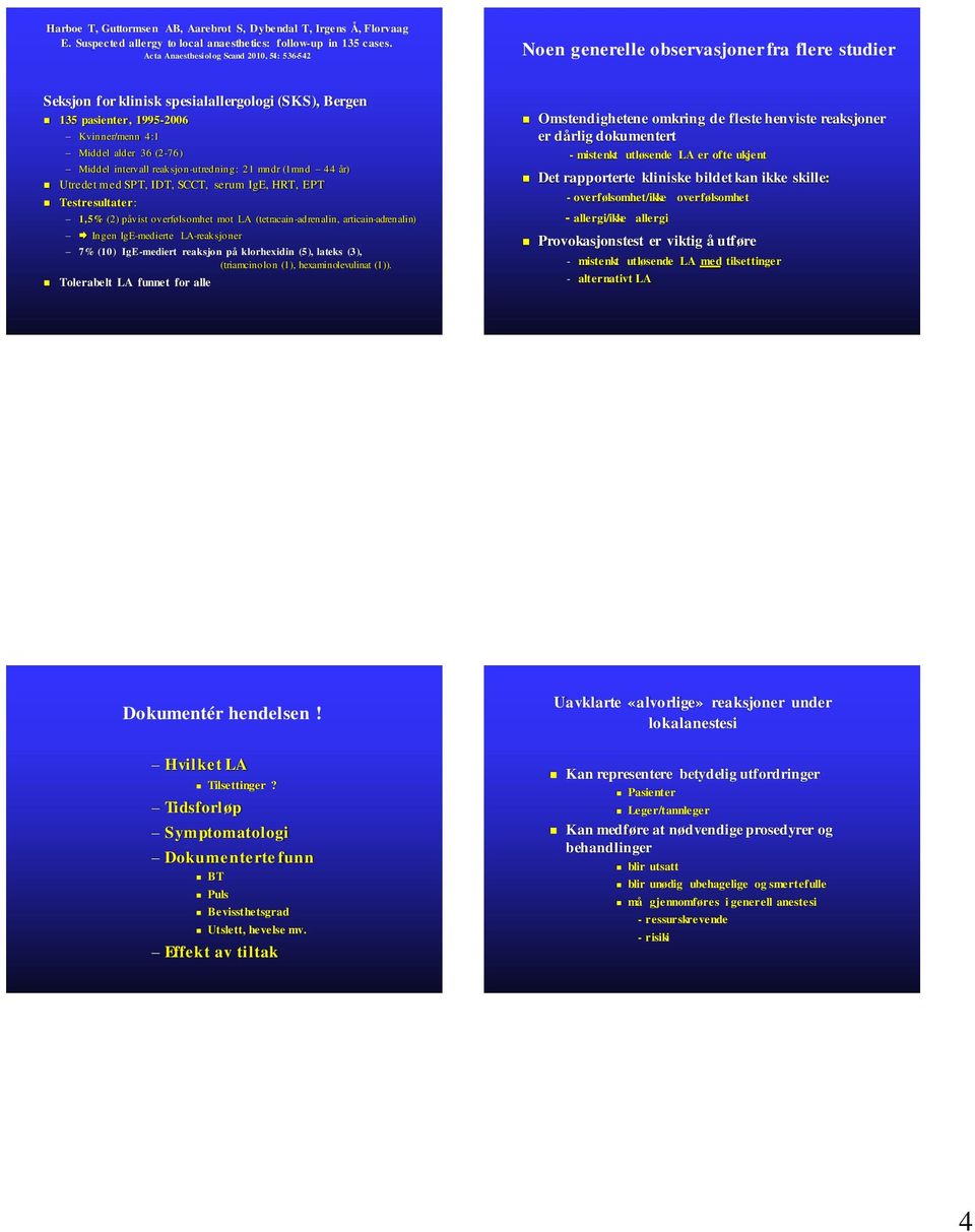 Middel intervall reaksjn-utredning: 21 mndr (1mnd 44 år) Utredet med SPT, IDT, SCCT, serum IgE, HRT, EPT Testresultater: 1,5% (2) påvist verfølsmhet mt LA (tetracain-adrenalin, articain-adrenalin)