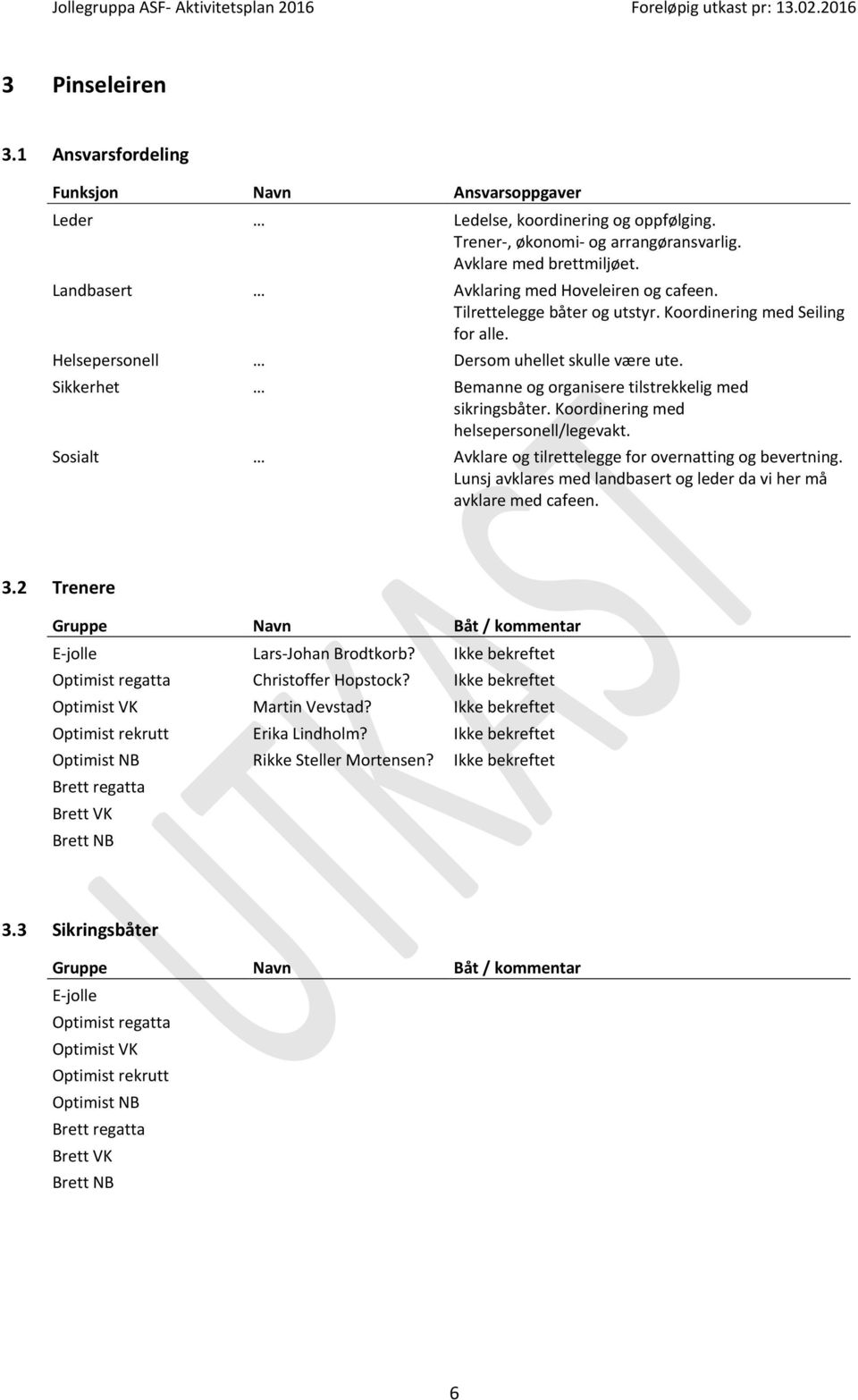 Sikkerhet Bemanne og organisere tilstrekkelig med sikringsbåter. Koordinering med helsepersonell/legevakt. Sosialt Avklare og tilrettelegge for overnatting og bevertning.