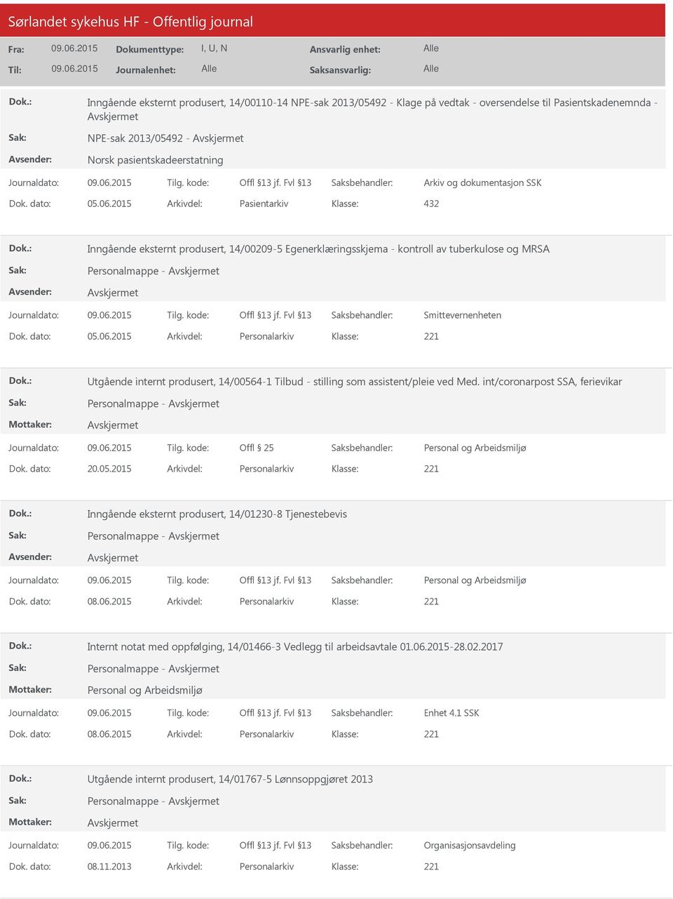 2015 Arkivdel: Personalarkiv tgående internt produsert, 14/00564-1 Tilbud - stilling som assistent/pleie ved Med. int/coronarpost SSA, ferievikar Personalmappe - Offl 25 Dok. dato: 20.05.2015 Arkivdel: Personalarkiv Inngående eksternt produsert, 14/01230-8 Tjenestebevis Personalmappe - Dok.