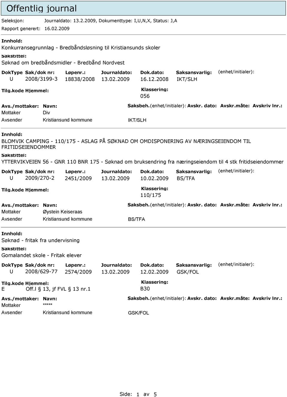 2008 KT/SLH Mottaker Div KT/SLH BLOMVK CAMPNG - 110/175 - ASLAG PÅ SØKNAD OM OMDSPONERNG AV NÆRNGSEENDOM TL FRTDSEENDOMMER YTTERVKVEEN 56 - GNR 110 BNR 175 -