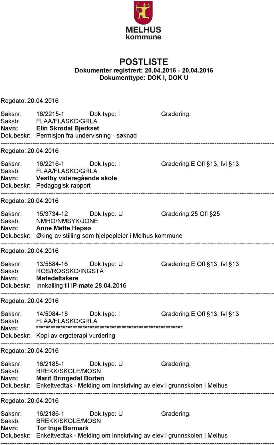 type: U Gradering:25 Ofl 25 Saksb: NMHO/NMSYK/JONE Navn: Anne Mette Hepsø Dok.beskr: Øking av stilling som hjelpepleier i Melhus kommune Saksnr: 13/5884-16 Dok.