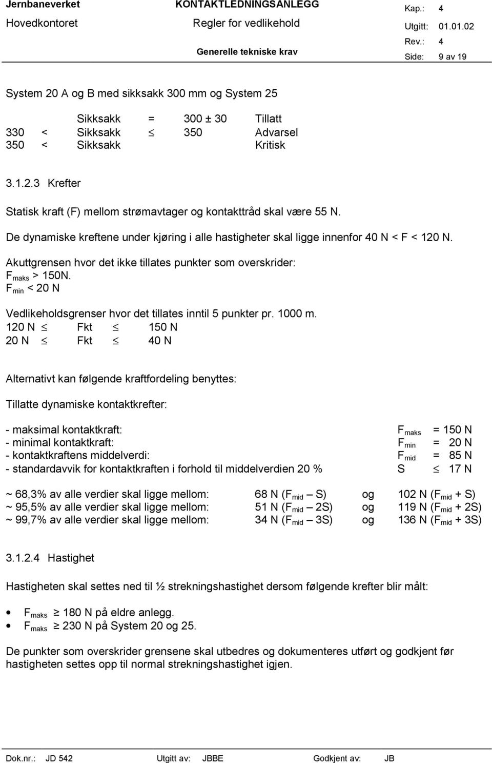 F min < 20 N Vedlikeholdsgrenser hvor det tillates inntil 5 punkter pr. 1000 m.