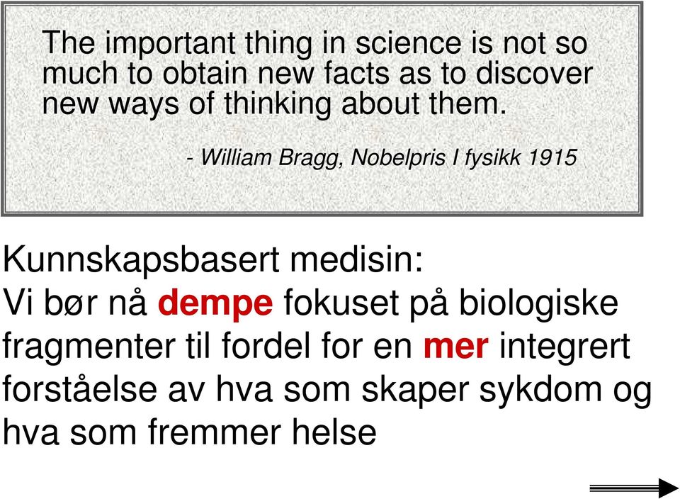 - William Bragg, Nobelpris I fysikk 1915 Kunnskapsbasert medisin: Vi bør nå