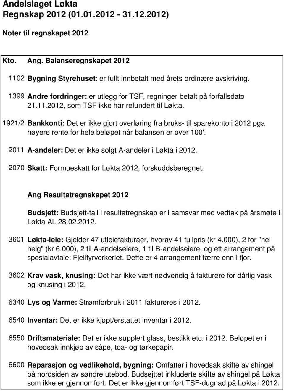 1921/2 Bankkonti: Det er ikke gjort overføring fra bruks- til sparekonto i 2012 pga høyere rente for hele beløpet når balansen er over 100'. 2011 A-andeler: Det er ikke solgt A-andeler i Løkta i 2012.