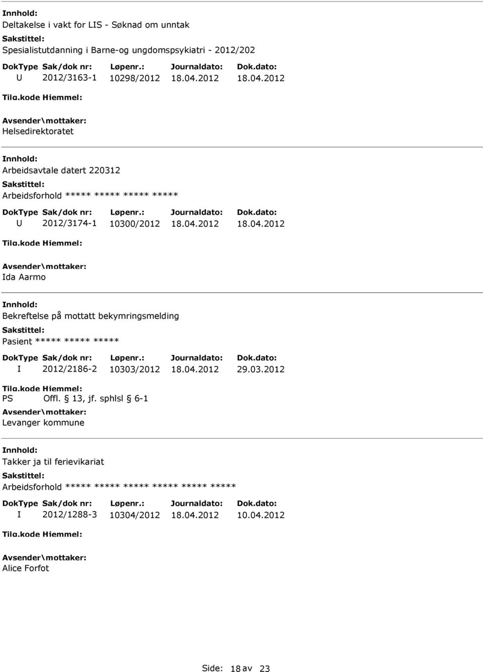 2012/3174-1 10300/2012 da Aarmo Bekreftelse på mottatt bekymringsmelding Pasient ***** ***** ***** 2012/2186-2