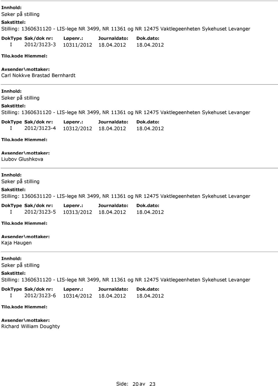 Glushkova Stilling: 1360631120 - LS-lege NR 3499, NR 11361 og NR 12475 Vaktlegeenheten Sykehuset Levanger 2012/3123-5 10313/2012 Kaja Haugen