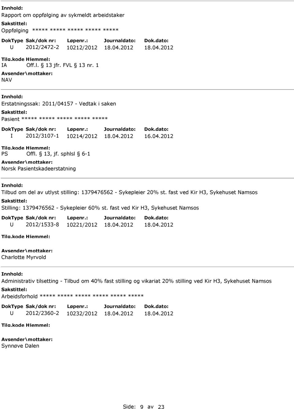 stilling: 1379476562 - Sykepleier 20% st. fast ved Kir H3, Sykehuset Namsos Stilling: 1379476562 - Sykepleier 60% st.