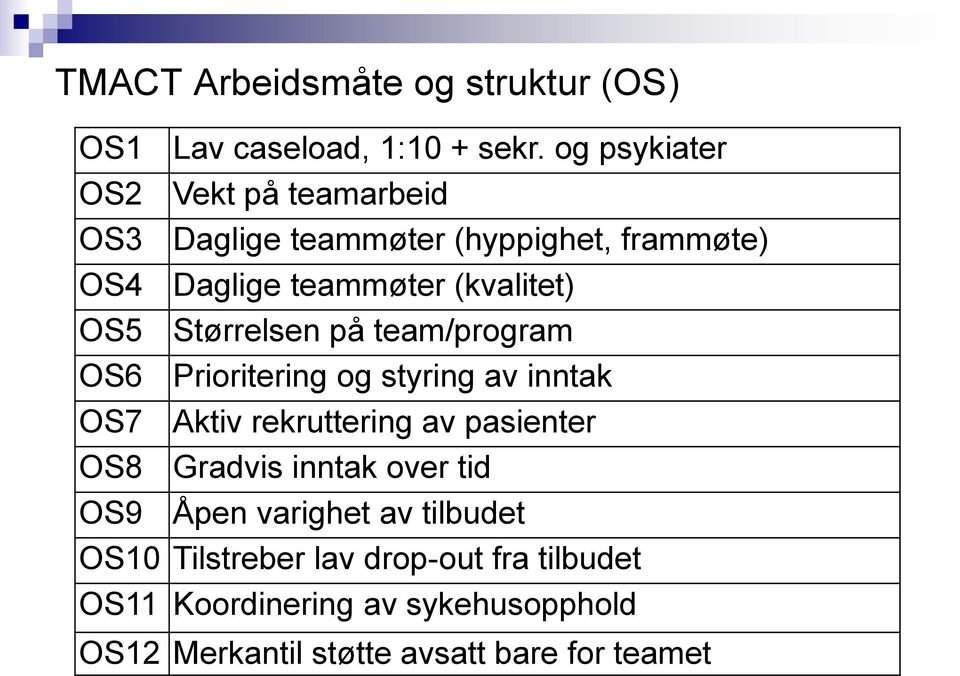 OS5 Størrelsen på team/program OS6 Prioritering og styring av inntak OS7 Aktiv rekruttering av pasienter OS8