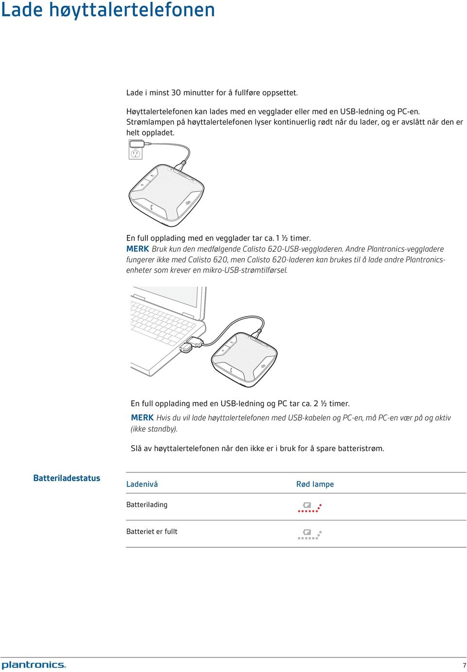 MERK Bruk kun den medfølgende Calisto 620-USB-veggladeren.