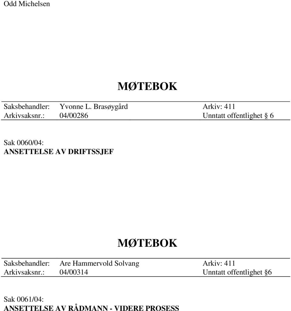 : 04/00286 Unntatt offentlighet 6 Sak 0060/04: ANSETTELSE AV DRIFTSSJEF