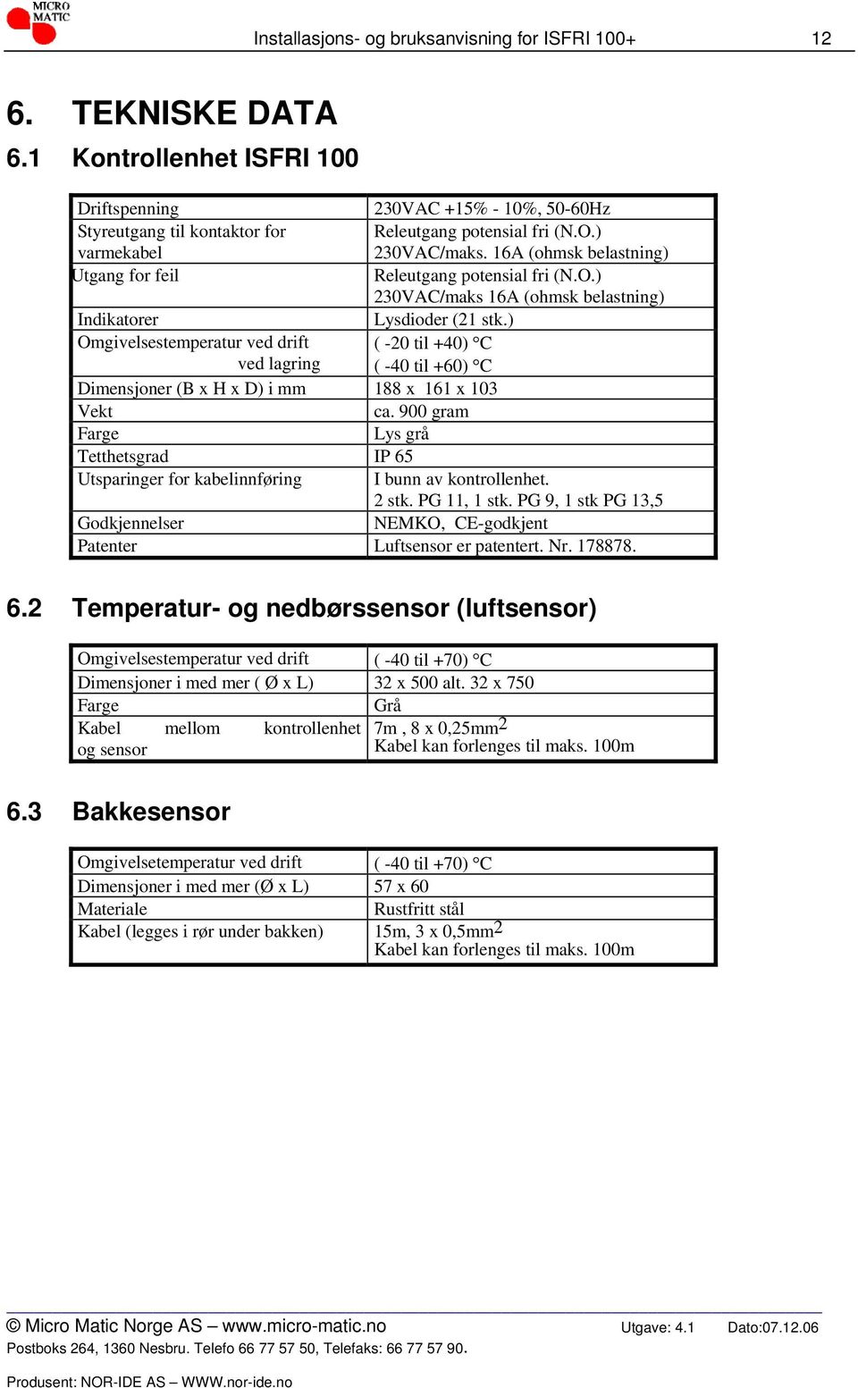 16A (ohmsk belastning) Utgang for feil Releutgang potensial fri (N.O.) 230VAC/maks 16A (ohmsk belastning) Indikatorer Lysdioder (21 stk.