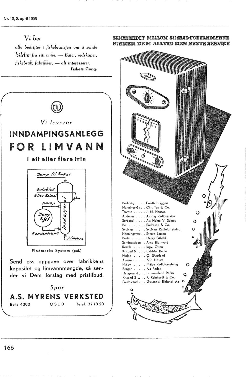 ) Send oss oppgave over fabrikkens kapasitet og imvannmengde, så sender vi Dem forsag med pristibud. Spør A.S. MYRENS VERKSTED oks 4200 OSLO Tee!. 378 2 Berevåg.... Everth Bryggari Honningsvåg.. Chr.