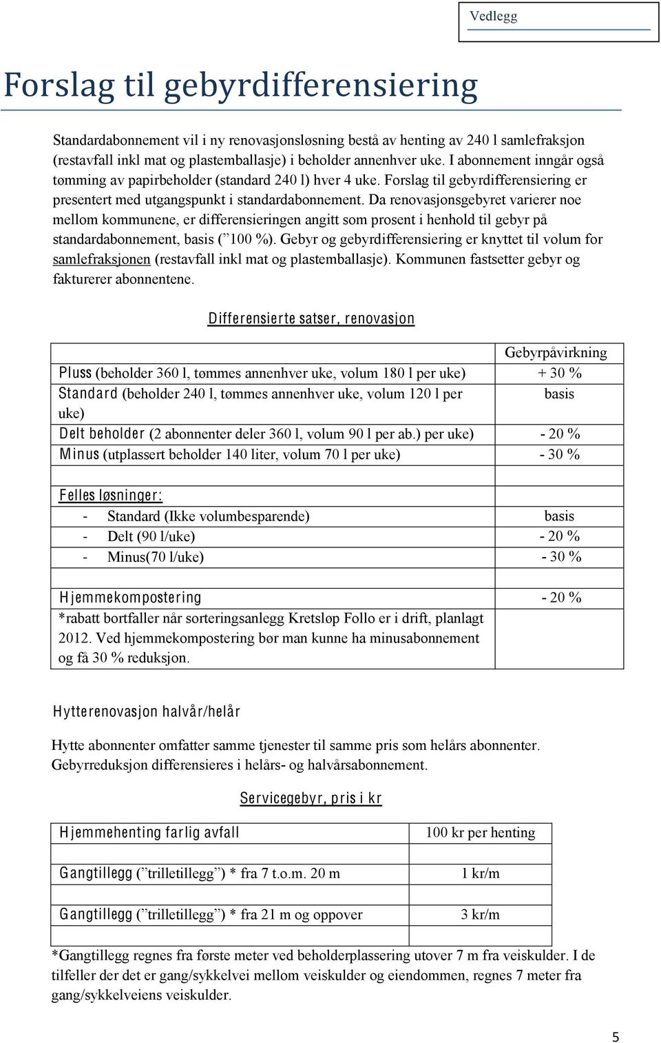 Da renovasjonsgebyret varierer noe mellom kommunene, er differensieringen angitt som prosent i henhold til gebyr på volum for samlefraksjonen (restavfall inkl mat og plastemballasje).