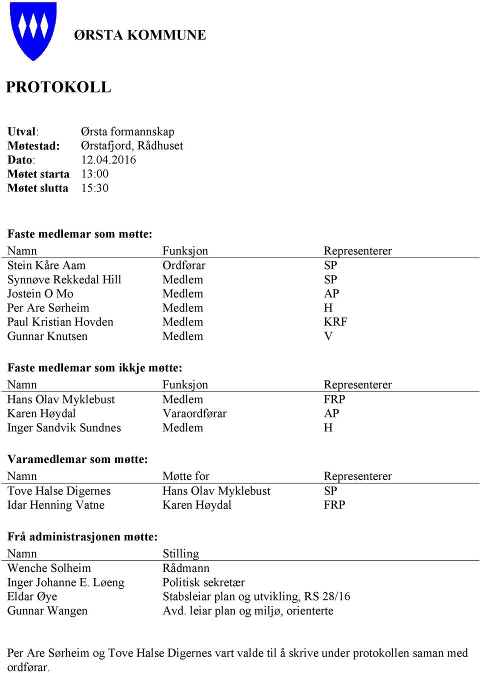 Medlem H Paul Kristian Hovden Medlem KRF Gunnar Knutsen Medlem V Faste medlemar som ikkje møtte: Namn Funksjon Representerer Hans Olav Myklebust Medlem FRP Karen Høydal Varaordførar AP Inger Sandvik