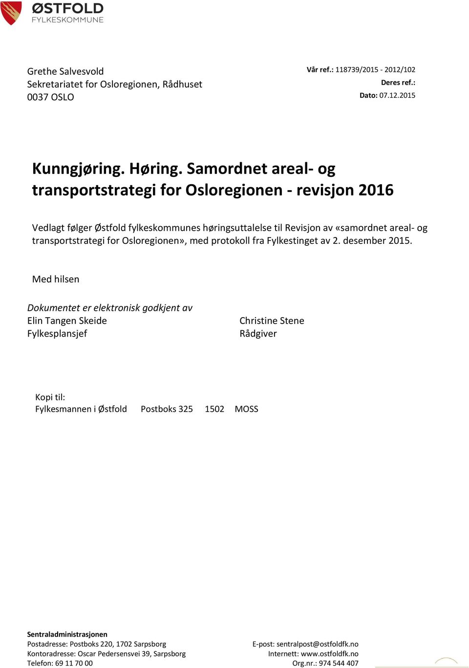 Osloregionen», med protokoll fra Fylkestinget av 2. desember 2015.