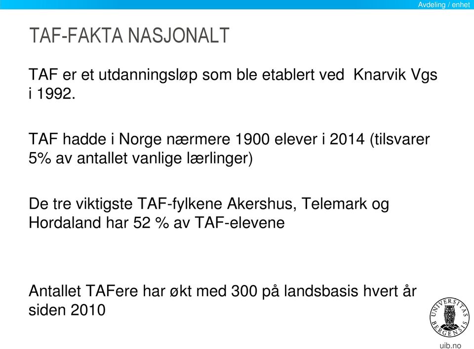 TAF hadde i Norge nærmere 1900 elever i 2014 (tilsvarer 5% av antallet vanlige