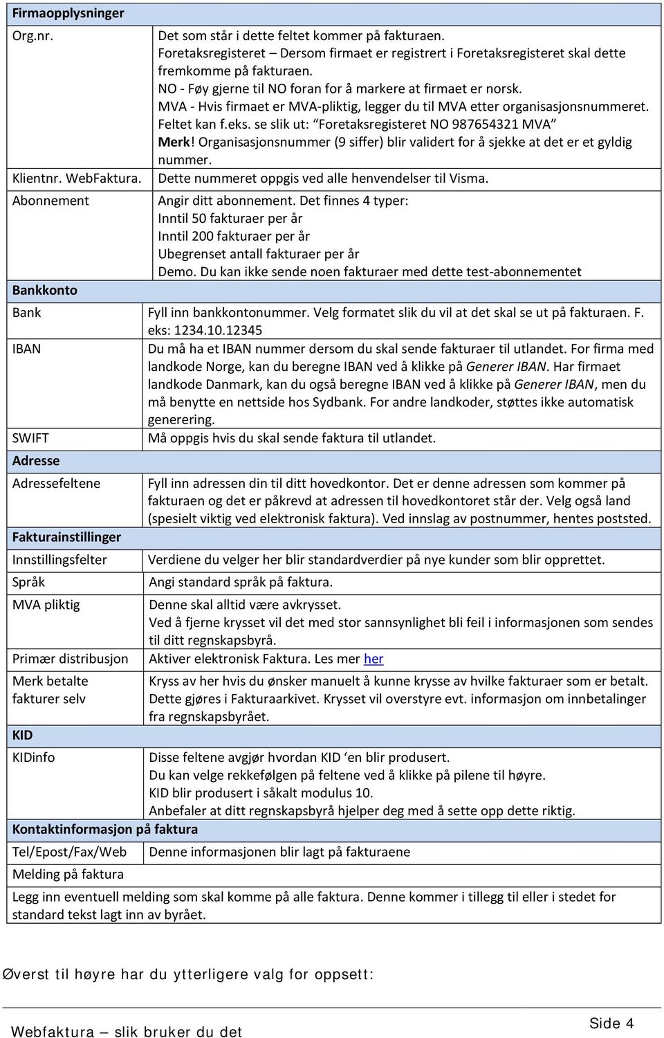 MVA - Hvis firmaet er MVA-pliktig, legger du til MVA etter organisasjonsnummeret. Feltet kan f.eks. se slik ut: Foretaksregisteret NO 987654321 MVA Merk!