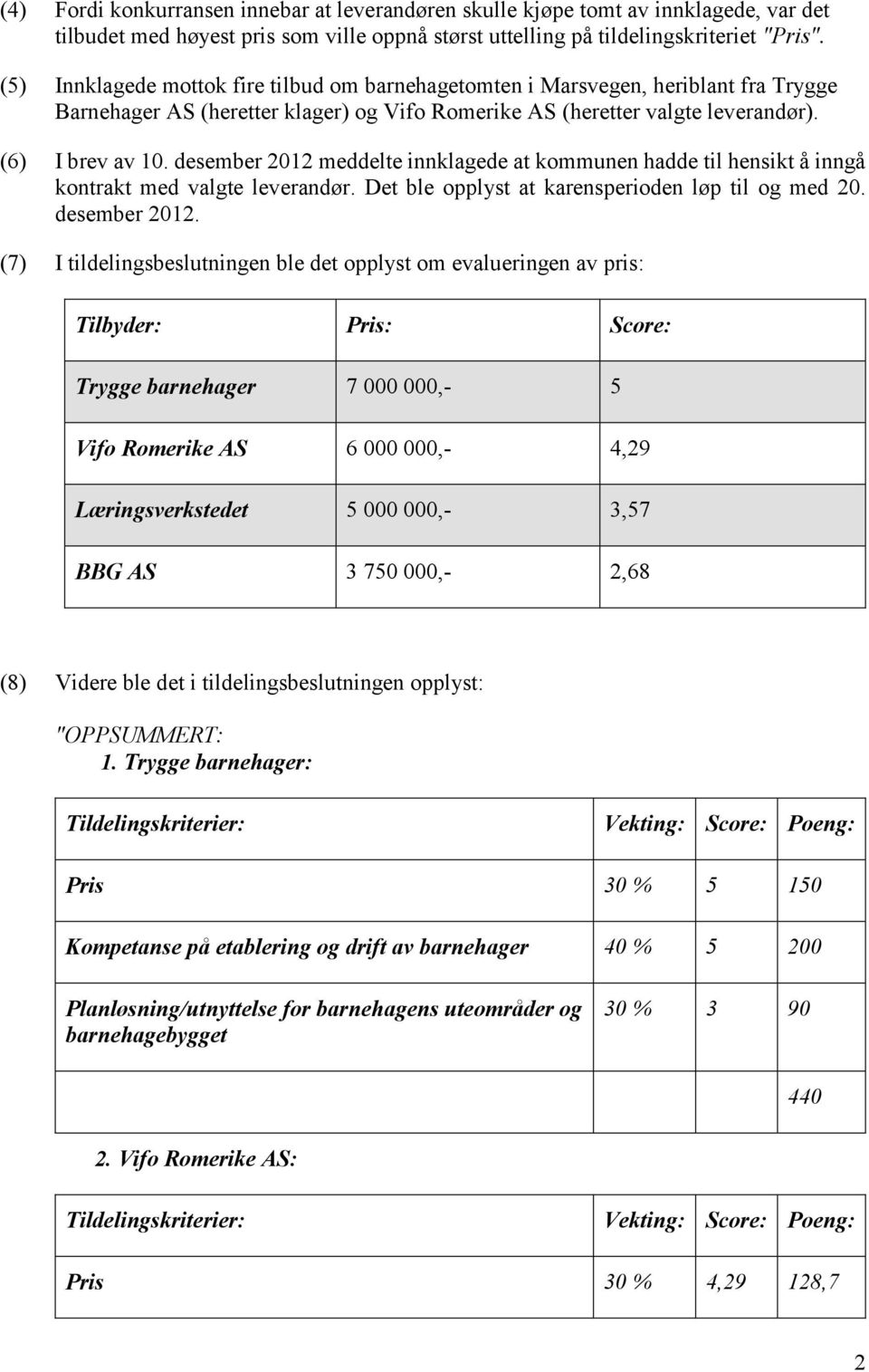 desember 2012 meddelte innklagede at kommunen hadde til hensikt å inngå kontrakt med valgte leverandør. Det ble opplyst at karensperioden løp til og med 20. desember 2012.