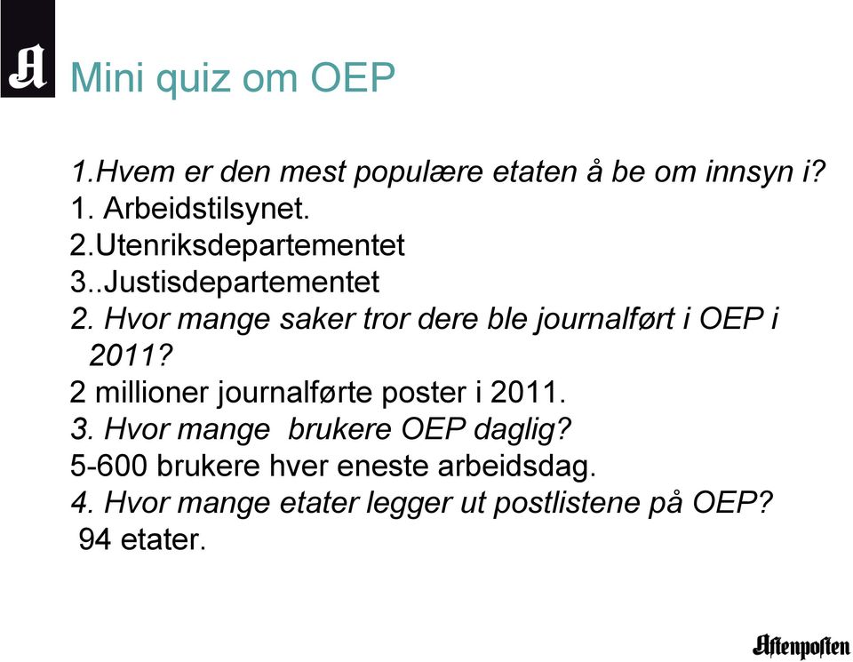 Hvor mange saker tror dere ble journalført i OEP i 2011?
