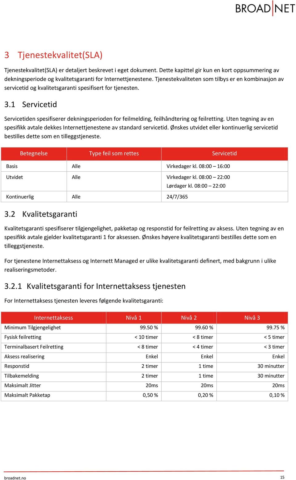 1 Servicetid Servicetiden spesifiserer dekningsperioden for feilmelding, feilhåndtering og feilretting. Uten tegning av en spesifikk avtale dekkes Internettjenestene av standard servicetid.