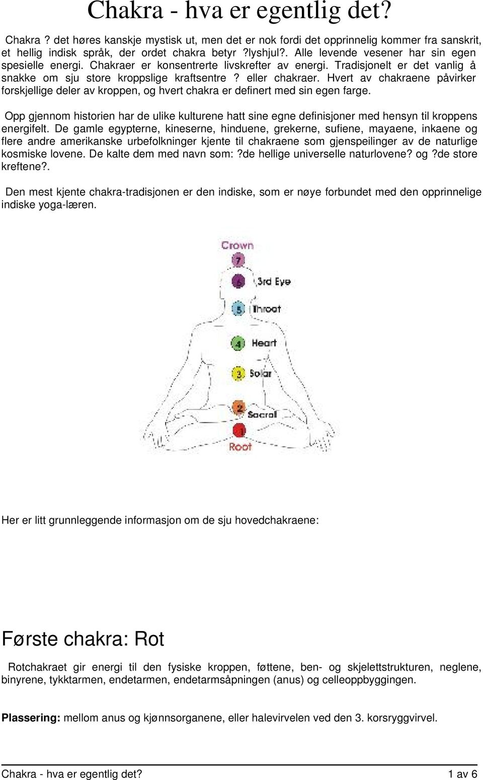 Hvert av chakraene påvirker forskjellige deler av kroppen, og hvert chakra er definert med sin egen farge.