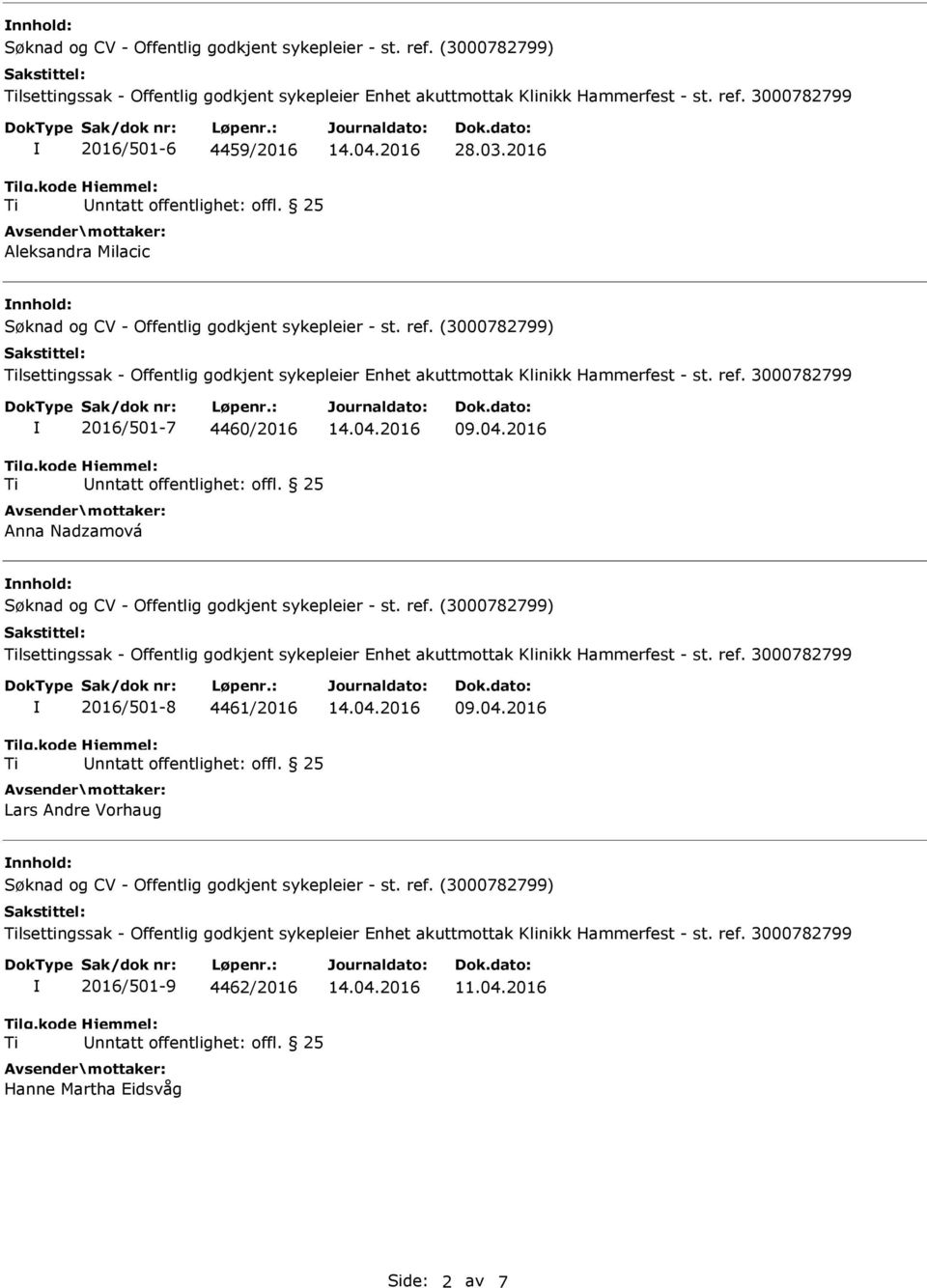 2016 nnhold: lsettingssak - Offentlig godkjent sykepleier Enhet akuttmottak Klinikk Hammerfest - st. ref. 3000782799 2016/501-8 4461/2016 Lars Andre Vorhaug 09.04.