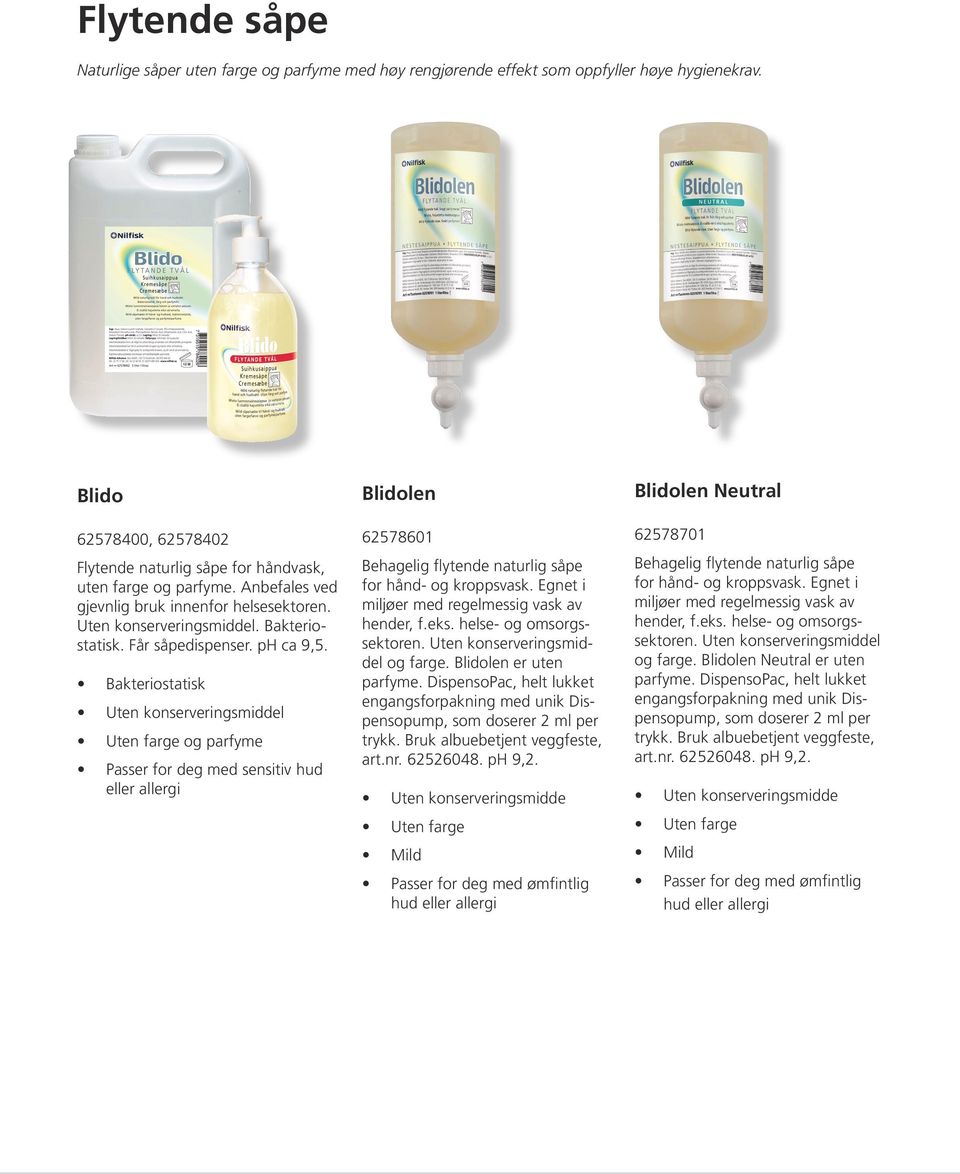 Bakteriostatisk Uten konserveringsmiddel Uten farge og parfyme Passer for deg med sensitiv hud eller allergi Blidolen 62578601 Behagelig flytende naturlig såpe for hånd- og kroppsvask.