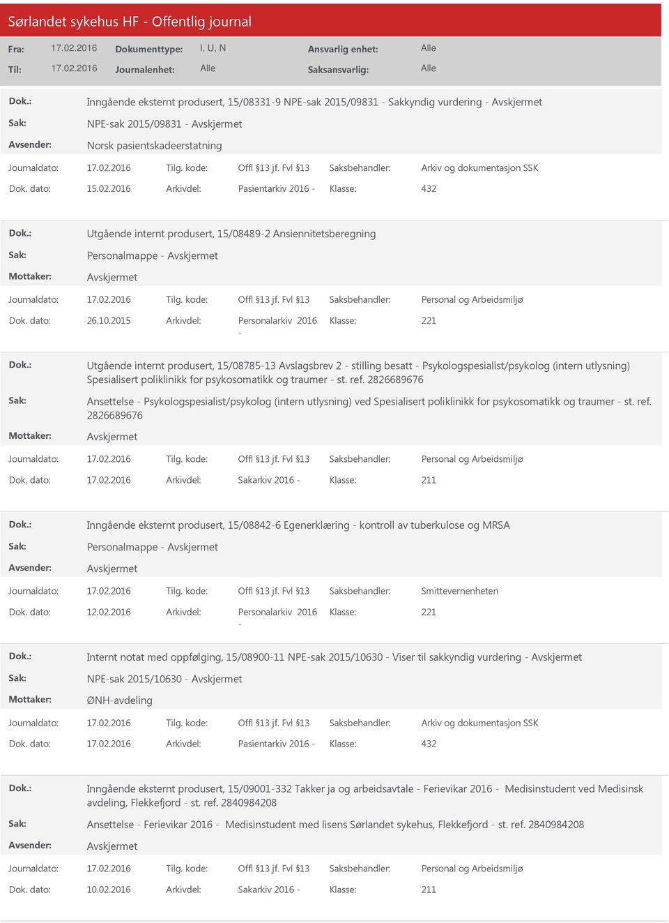 2015 Arkivdel: Personalarkiv 2016 Klasse: tgående internt produsert, 15/0878513 Avslagsbrev 2 stilling besatt Psykologspesialist/psykolog (intern utlysning) Spesialisert poliklinikk for psykosomatikk