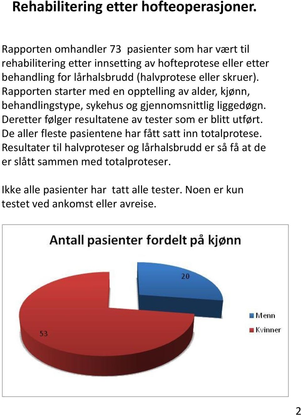 eller skruer). Rapporten starter med en opptelling av alder, kjønn, behandlingstype, sykehus og gjennomsnittlig liggedøgn.