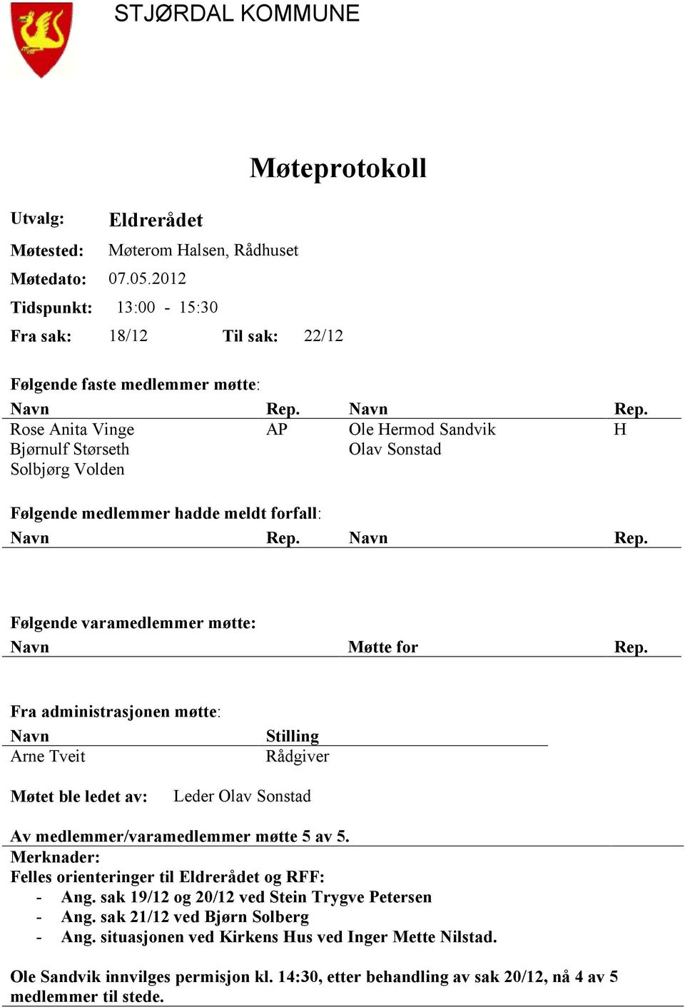 Fra administrasjonen møtte: Navn Arne Tveit Stilling Rådgiver Møtet ble ledet av: Leder Olav Sonstad Av medlemmer/varamedlemmer møtte 5 av 5.